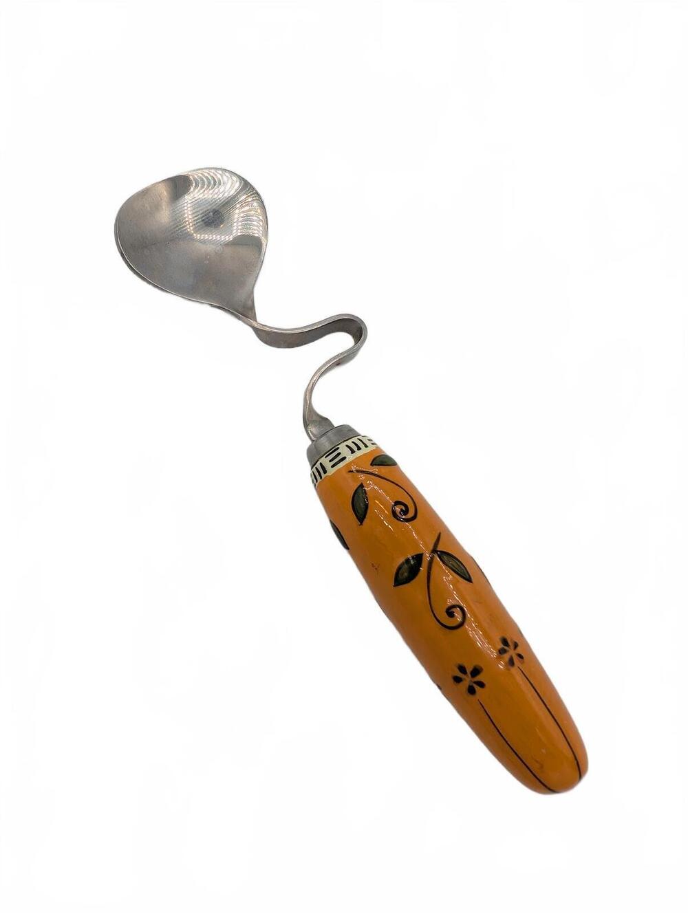 Orange Floral Twisted Handle Curved Silver Tone Ladle Spoon Utensil